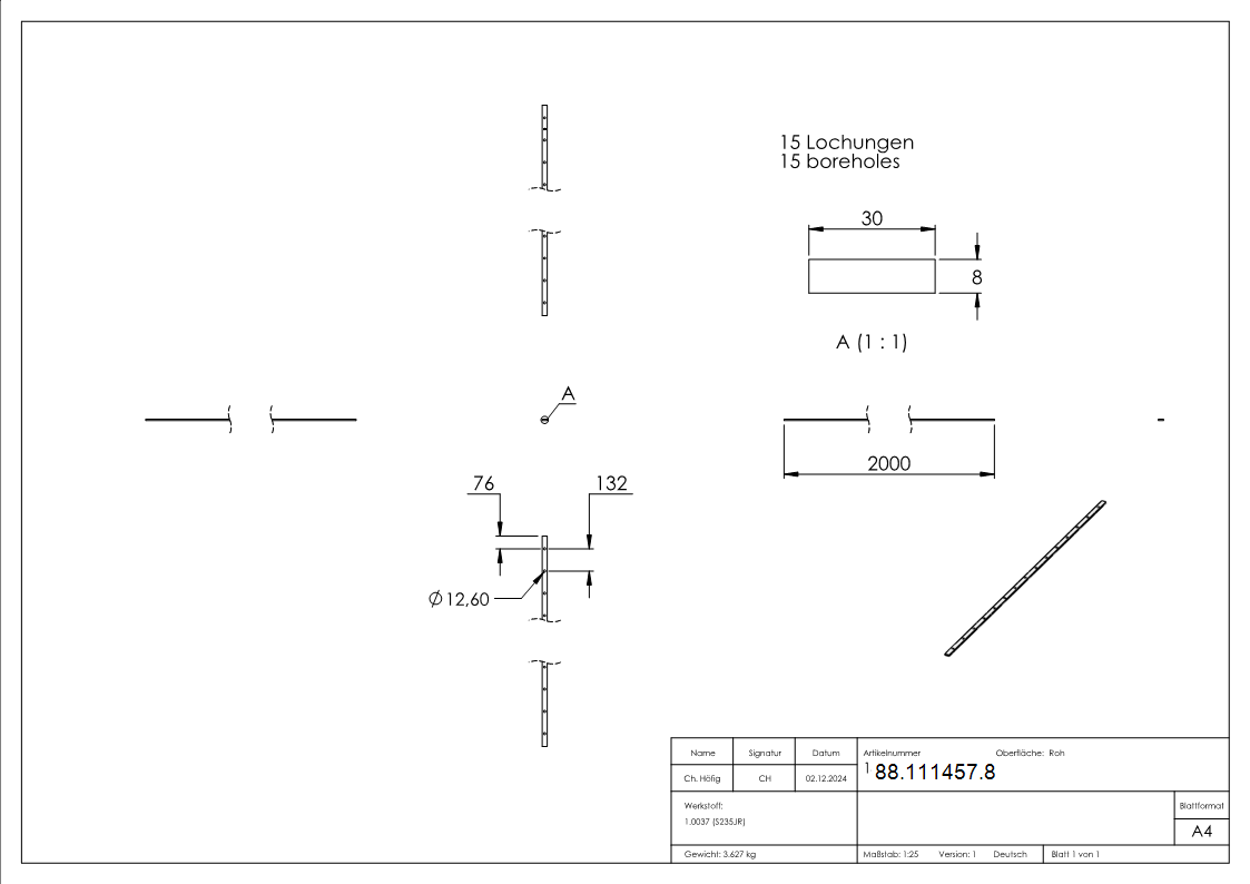 Lochleiste 30x8mm- fuer Stab Ø 12mm- Lochabstand 132mm- Laenge 2m-88-111457.8