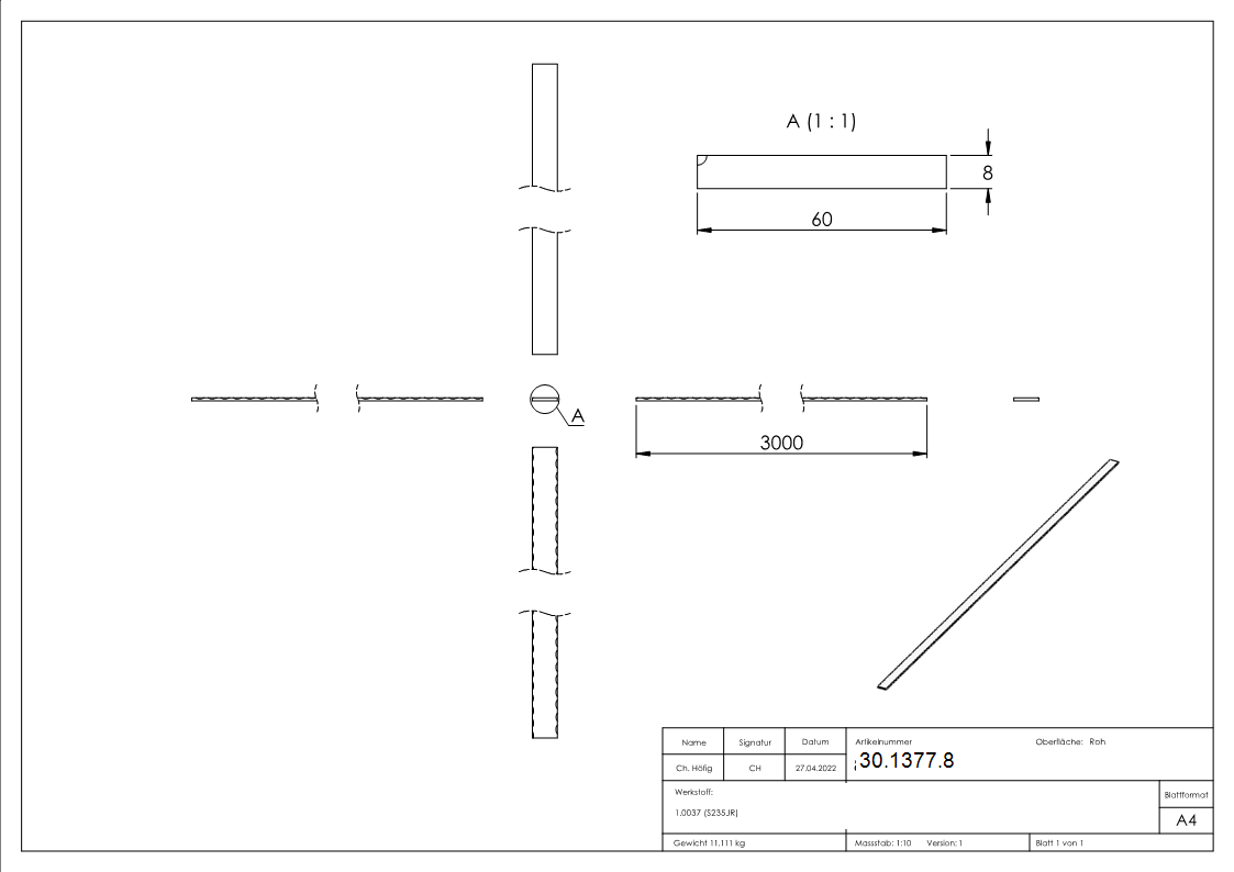 Flacheisen 60x8 mm Breitflachstahl 3m S235JR roh fuer Metallbau-30-1377.8