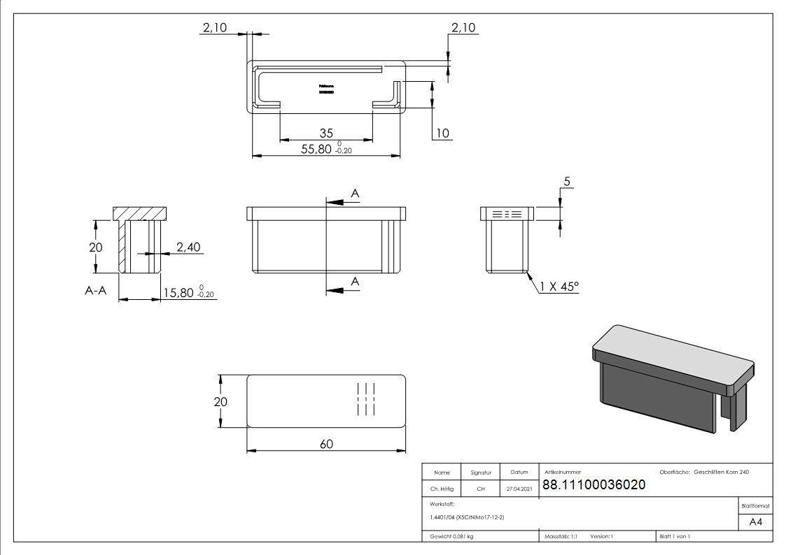 Bouchon enfichable, pour tube 60 x 20 x 2.0mm, V4A