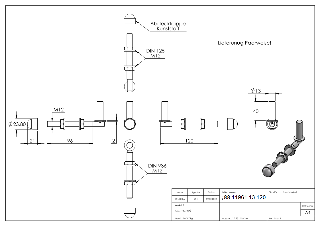 Einhaengeband Torband zum Durchschrauben fuer Ø 13mm- Laenge 120mm-88-11961-13.120