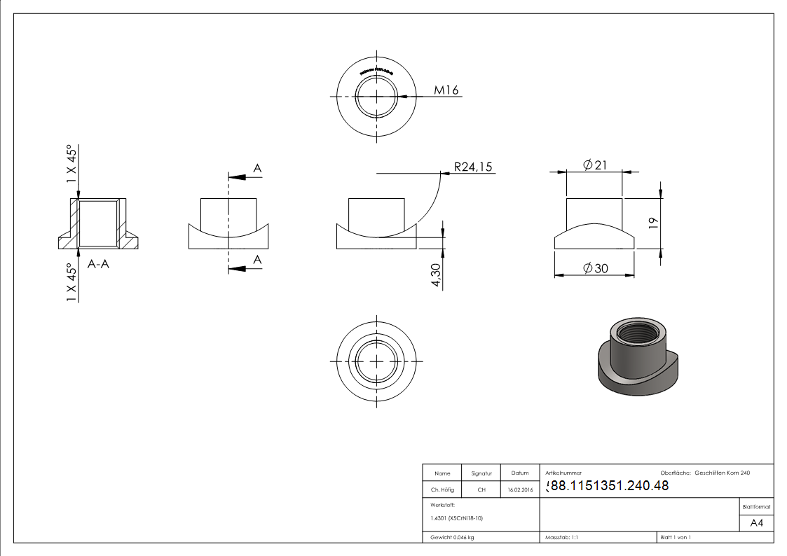 Manchon à souder pour charnière de porte M16 / 48,3mm