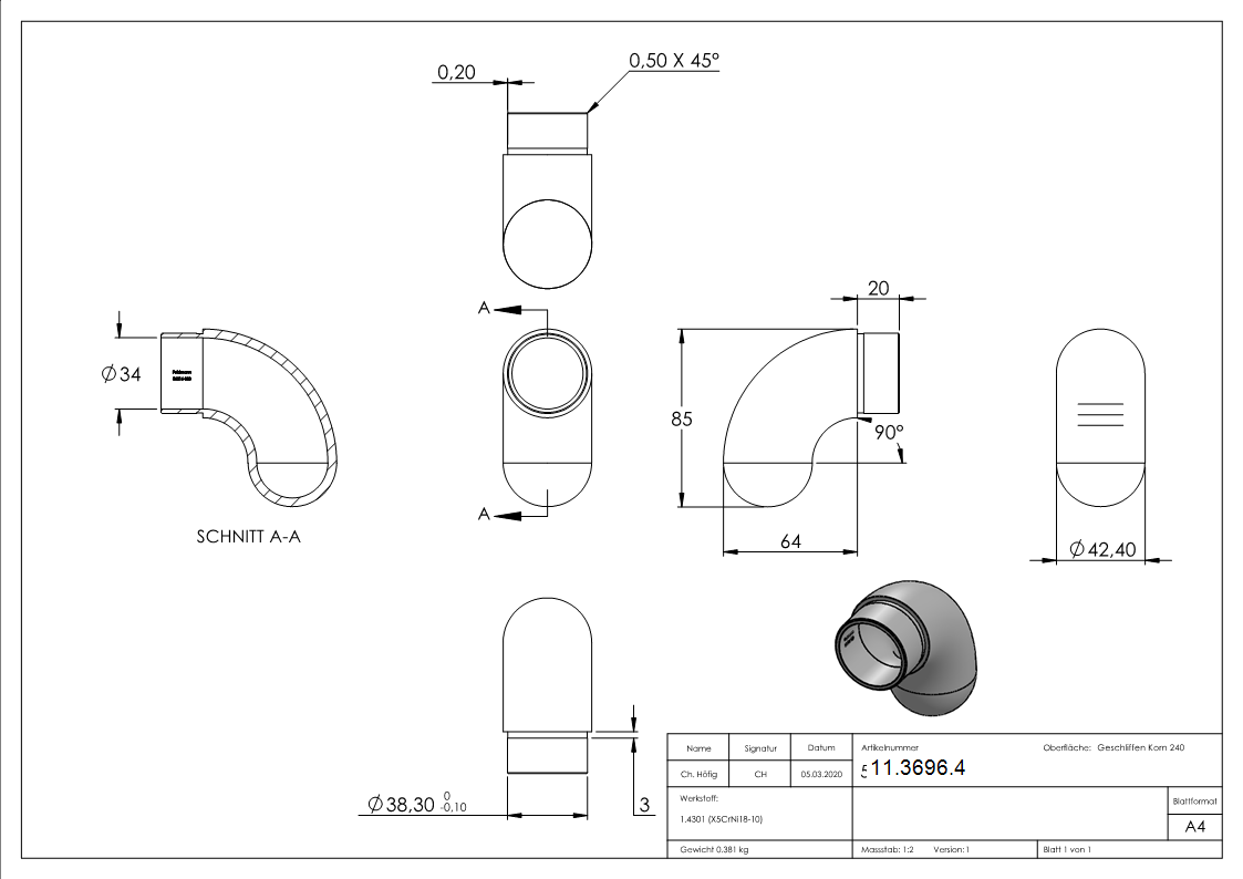 Embout 90° semi-circulaire, pour tube rond Ø 42.4x2.0 mm V2A