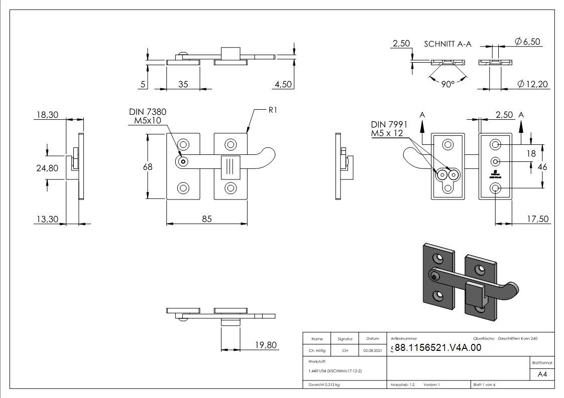 Verrou de porte pour profilés plats, V4A