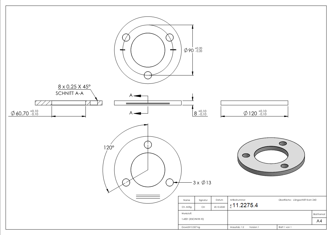 Ankerplatte Masse- 120x8 mm Laengsschliff und Mittelbohrung V2A-11-2275.4