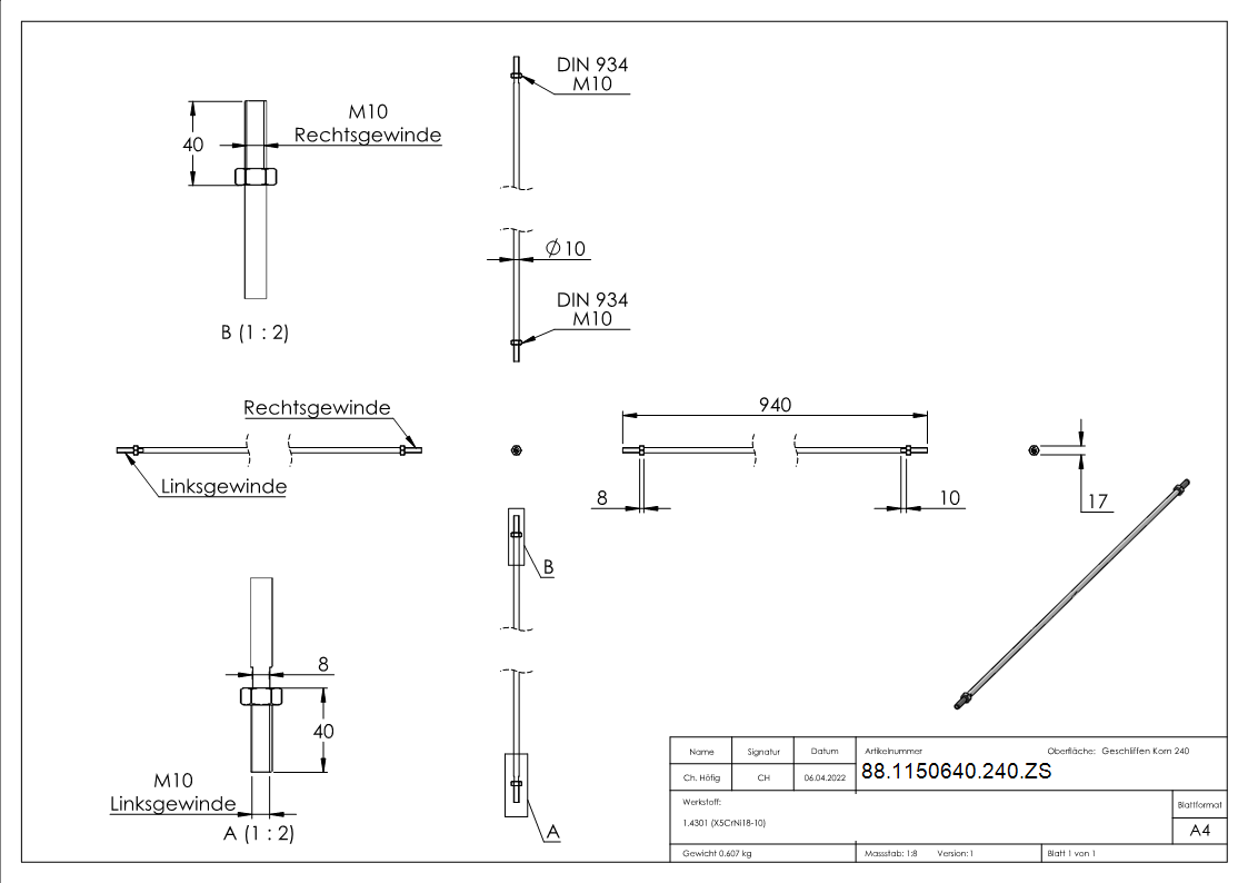 Zugstange fuer Vordachsystem Edelstahl V2A L = 940 mm M10x40 Links-Rechtsgewinde-88-1150640-240.ZS