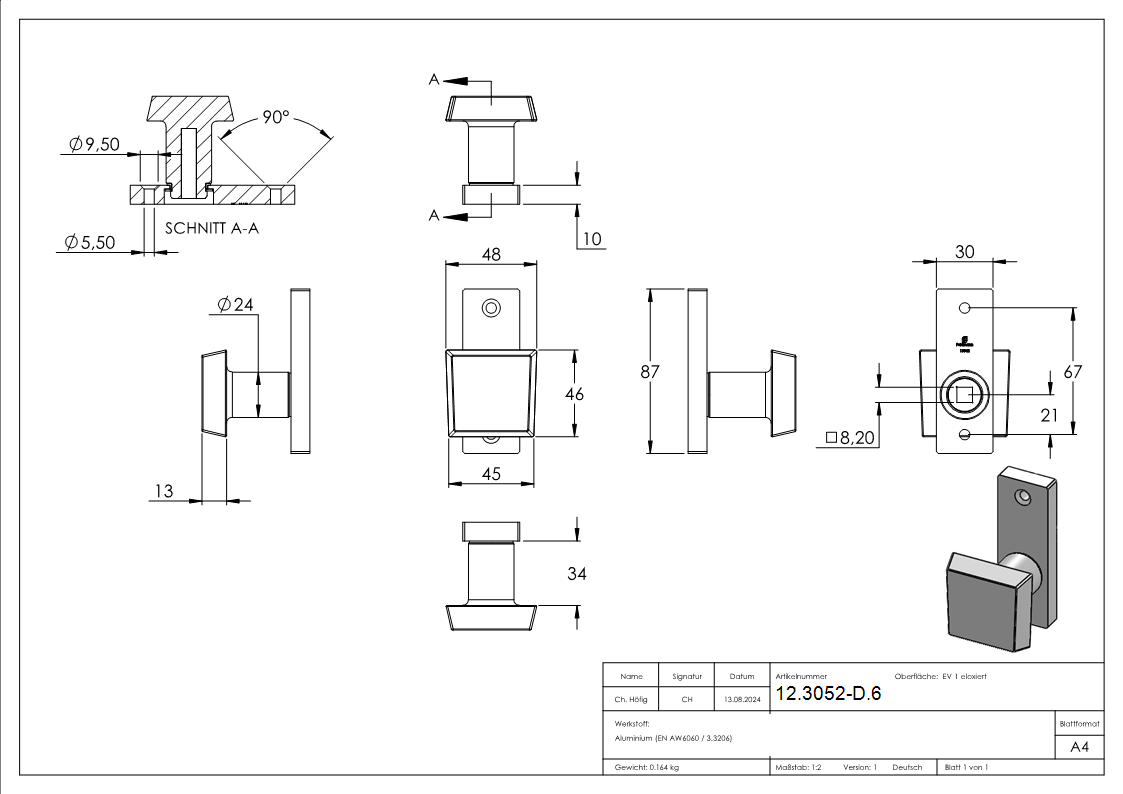 Alu-Tuerdruecker - gerade - drehbar - Aluminium EV1-12-3052-D.6
