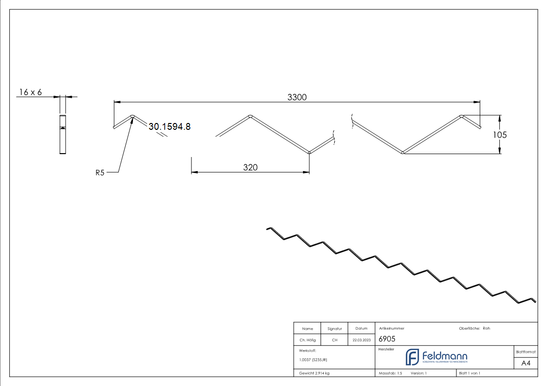 Ziergitterstange - glatt - Material- 16x6 mm- gerillt - Laenge- 3300 mm - Stahl S235JR- roh-30-1594.8