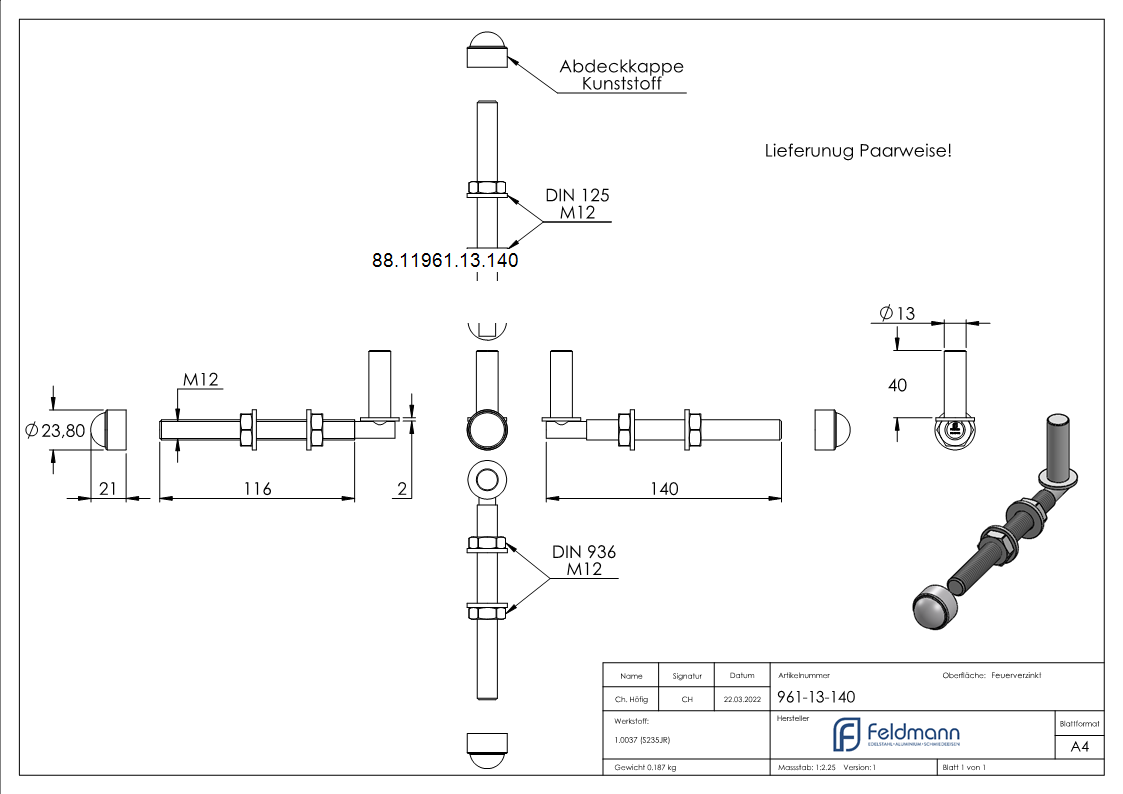 Einhaengeband Torband zum Durchschrauben fuer Ø 13mm- Laenge 140mm-88-11961-13.140