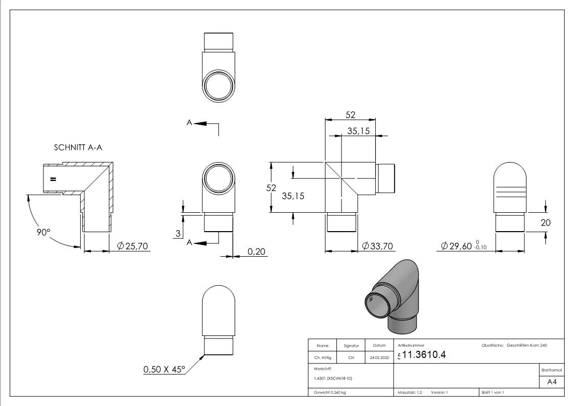 Coude d'angle 90°, pour tube rond Ø 33.7x2.0 mm V2A