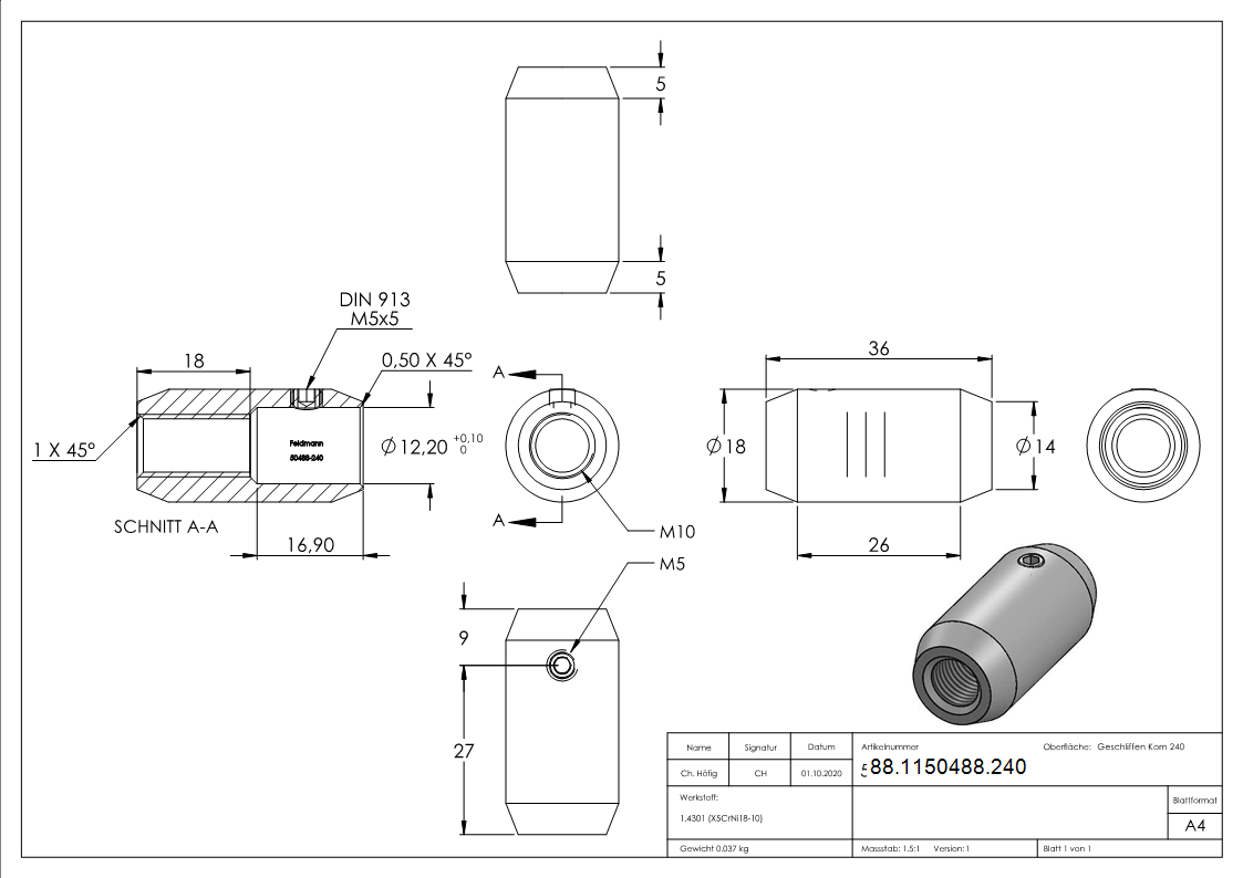 Connecteur 18mm avec filetage M10 et trou 12mm
