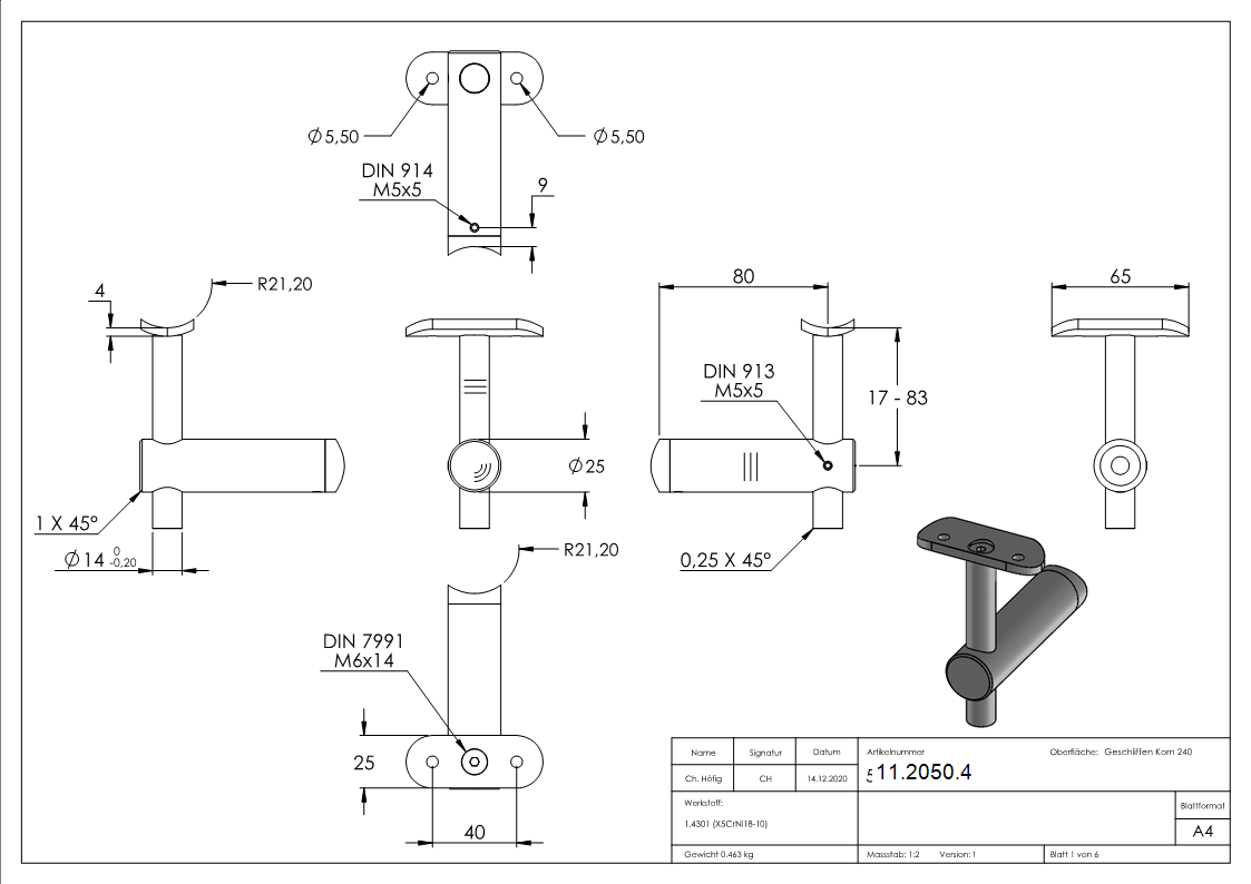 Support de main courante réglable en hauteur et plaque de maintien pour Ø 42,4 mm V2A