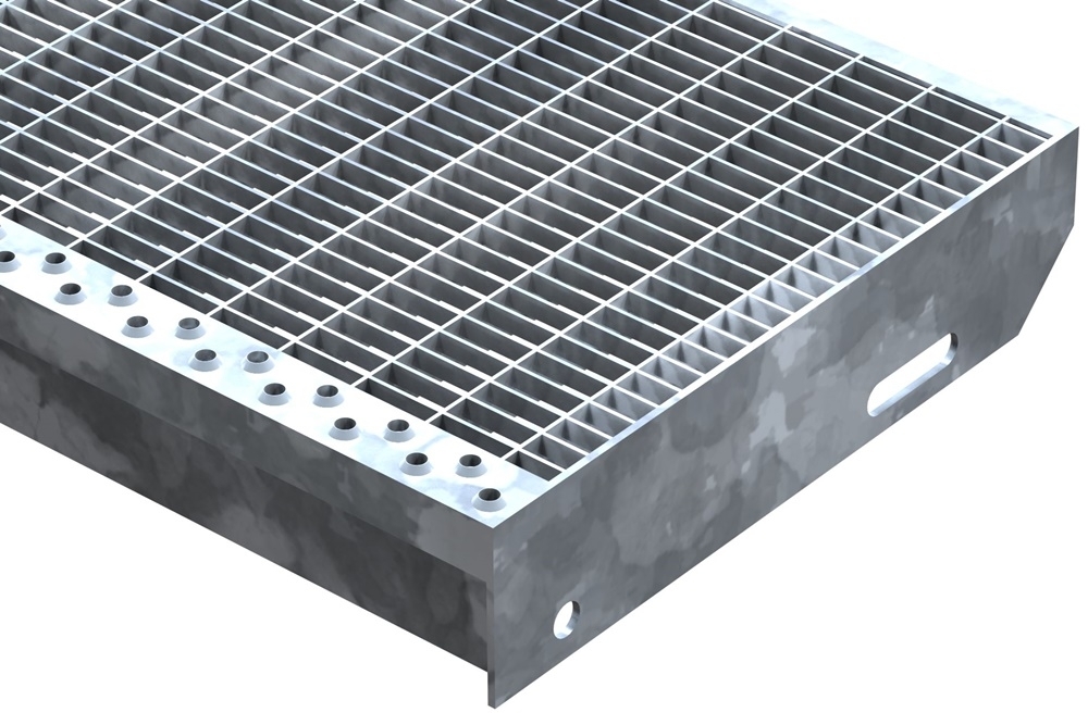 Marche en caillebotis Marche d'escalier | Dimensions : 800x305 mm 30/10 mm | S235JR (St37-2), galvanisé à chaud en bain complet