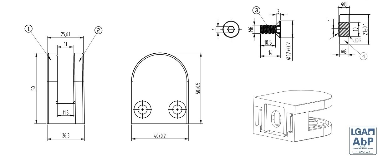 Glasklemme - Masse- 50x40x26 mm - Anschluss flach - V2A 1 Parr Gummis 6-76 mm VSG-18-2000-A.4-5