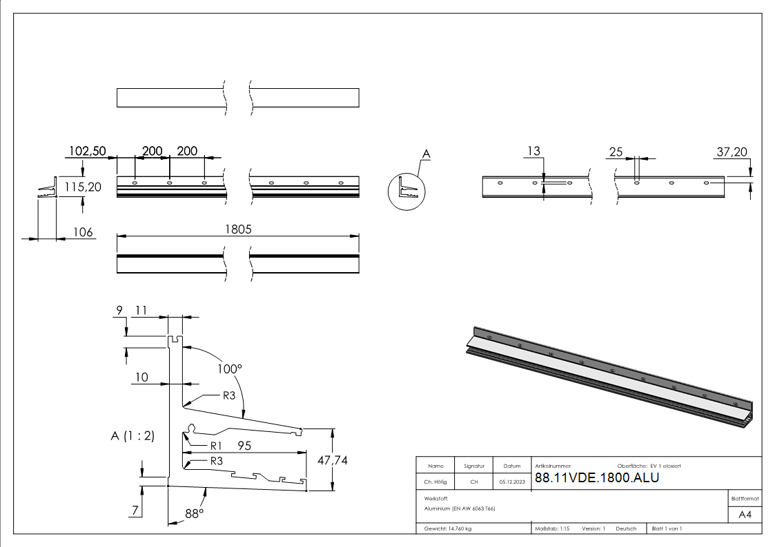Vordachprofil eleganza canopy Aluminium L = 1805 mm eloxiert E4-EV1-88-11VDE-1800.ALU
