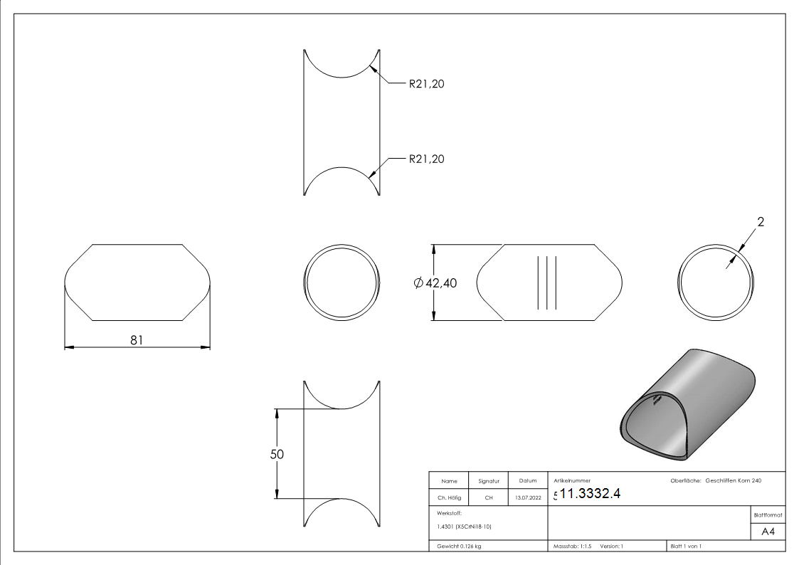 Raccord pour tube rond Ø 42,4 mm V2A