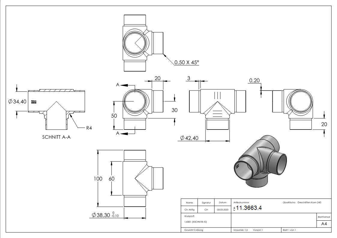 Traverse avec différentes sorties, pour tube Ø 42.4x2.0 mm V2A