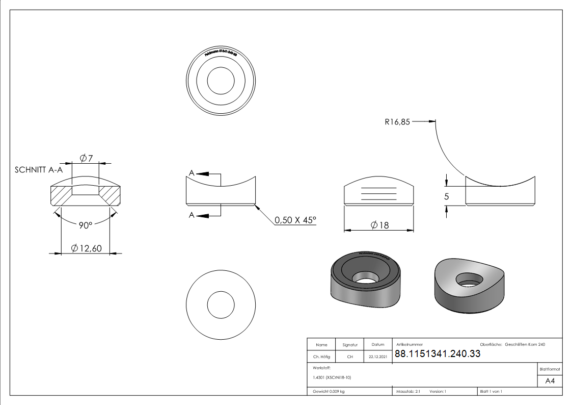 Ausgleichsstueck Ø 18mm fuer Rundrohr Ø 33-7mm mit Senkborhrung 6-5 mm V2A-88-1151341-240.33