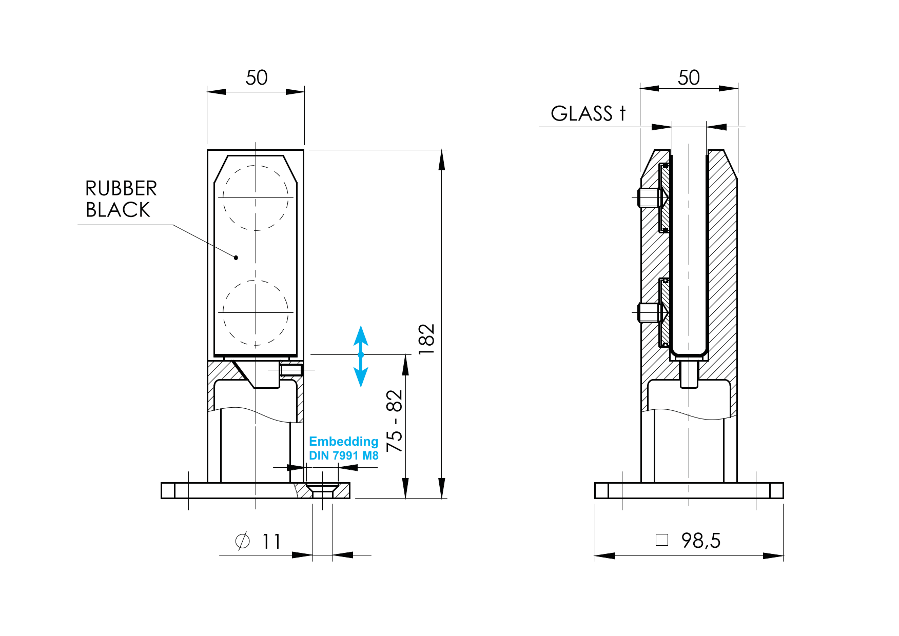 Glaszapfen Edelstahl AISI 304 fuer Glas 12-17-52 mm Top-Verankerung Schliff-89-11A6200000C-A.4