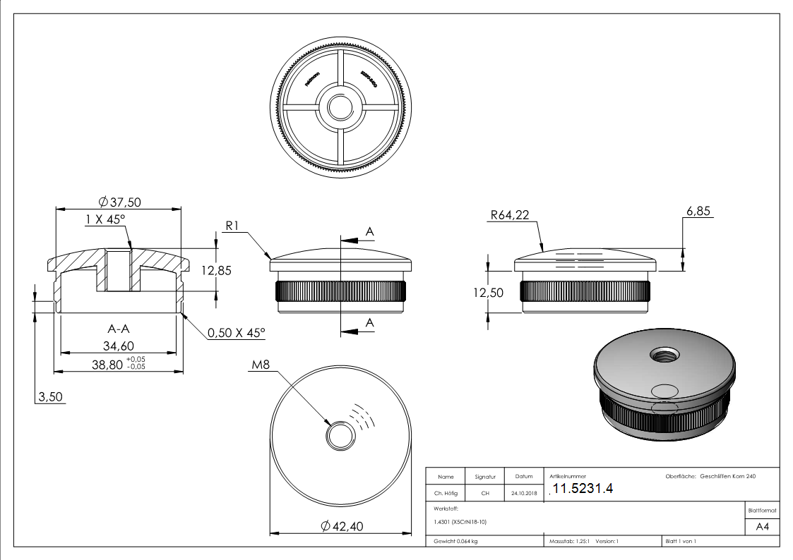 Einsteckkappe V2A Edelstahl fuer Rohr Ø 42-4 mm 2-0 mm Wandstaerke M8 Gewinde leicht gewoelbt-11-5231.4