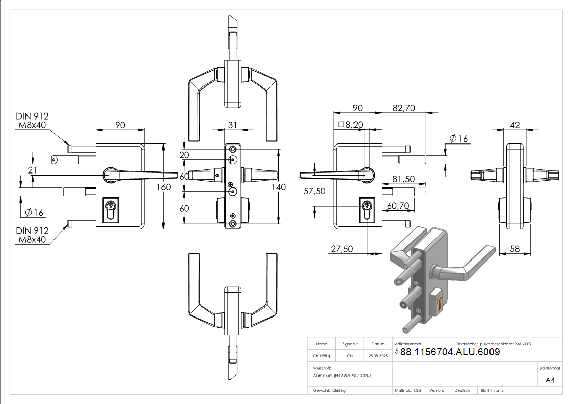 Gittertorschloss GTS 2 fuer Rohrstaerke 60-80mm- montagefertiges Set- tannengruen-88-1156704-ALU.6009