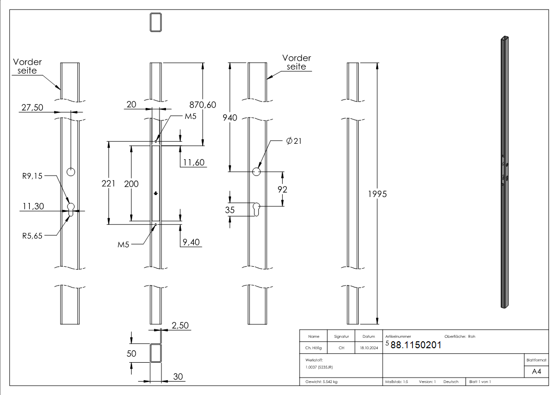 Schlossrohr 50x30 glatt 2000mm-88.1150201