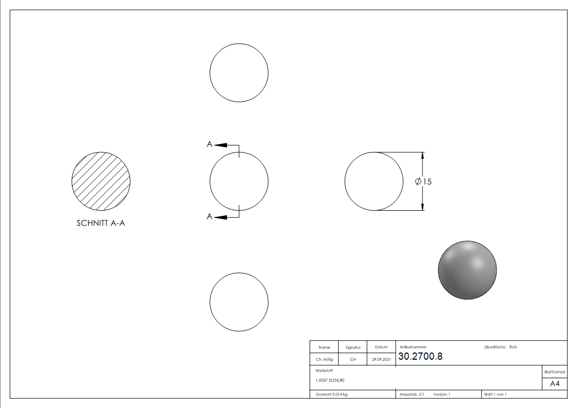 Vollkugel Ø 15 mm - massiv glatt - geschmiedet - Stahl S235JR- roh-30-2700.8