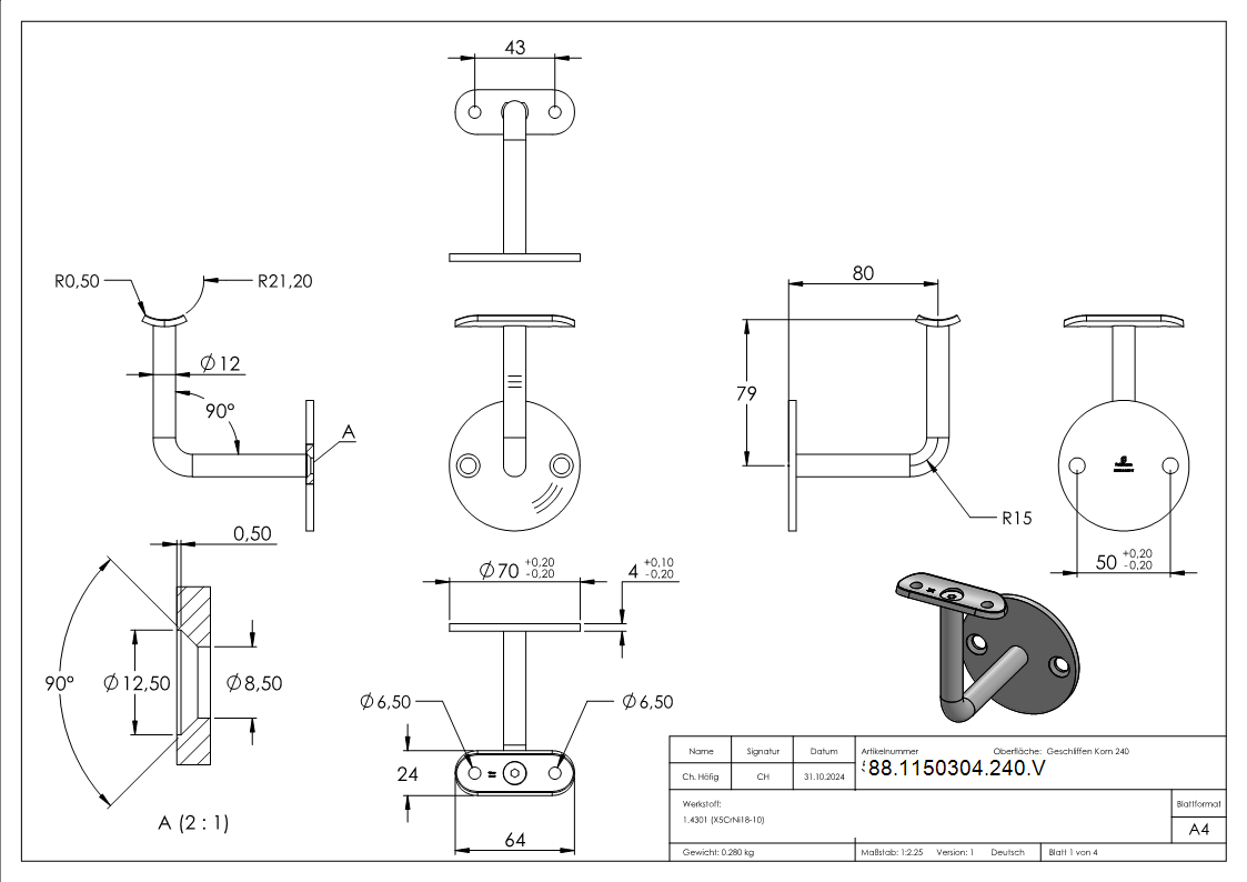 Handlaufhalter V2A fuer Rohr 42-4 mm Ronde Ø 70x4 mm Wandabstand 79 mm verschweisst-88-1150304-240.V