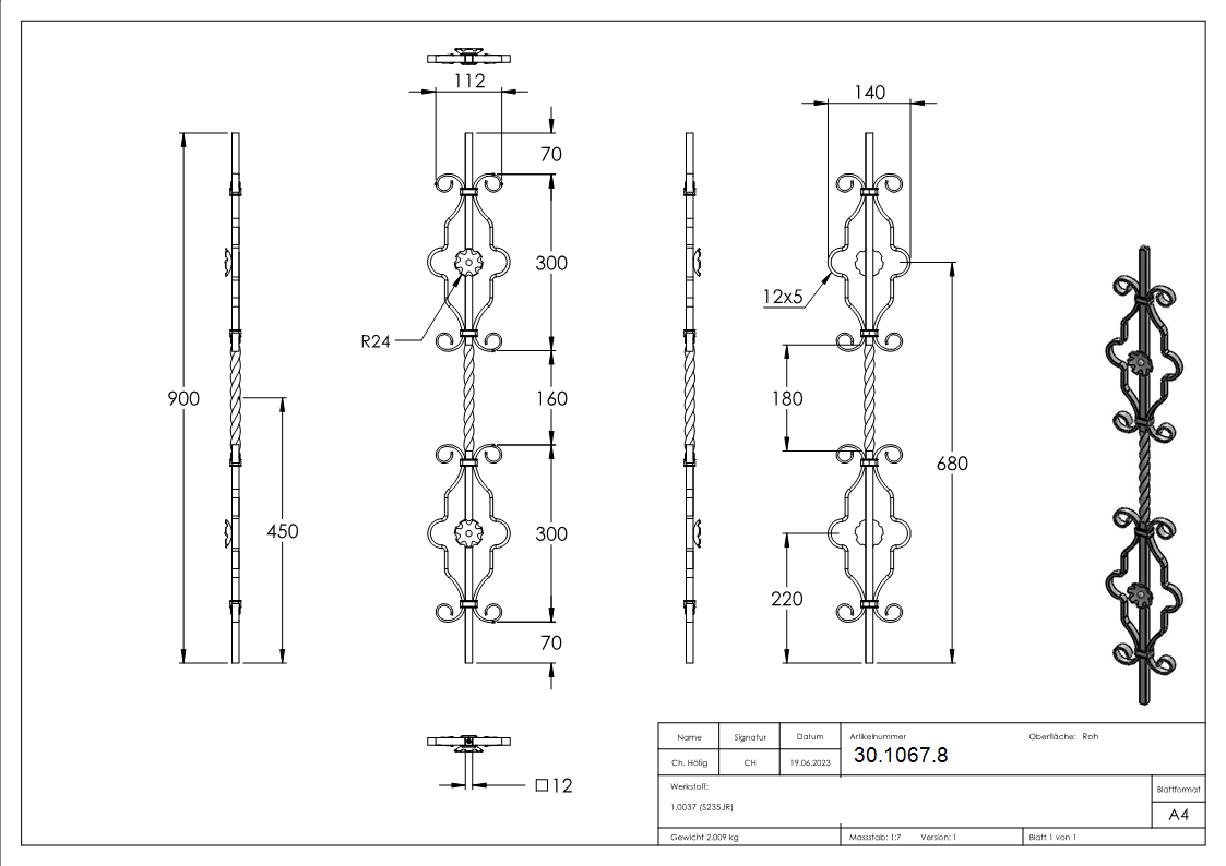 Barre décorative | longueur : 900 mm | matériau : 12x12 mm | lisse | acier (brut) S235JR