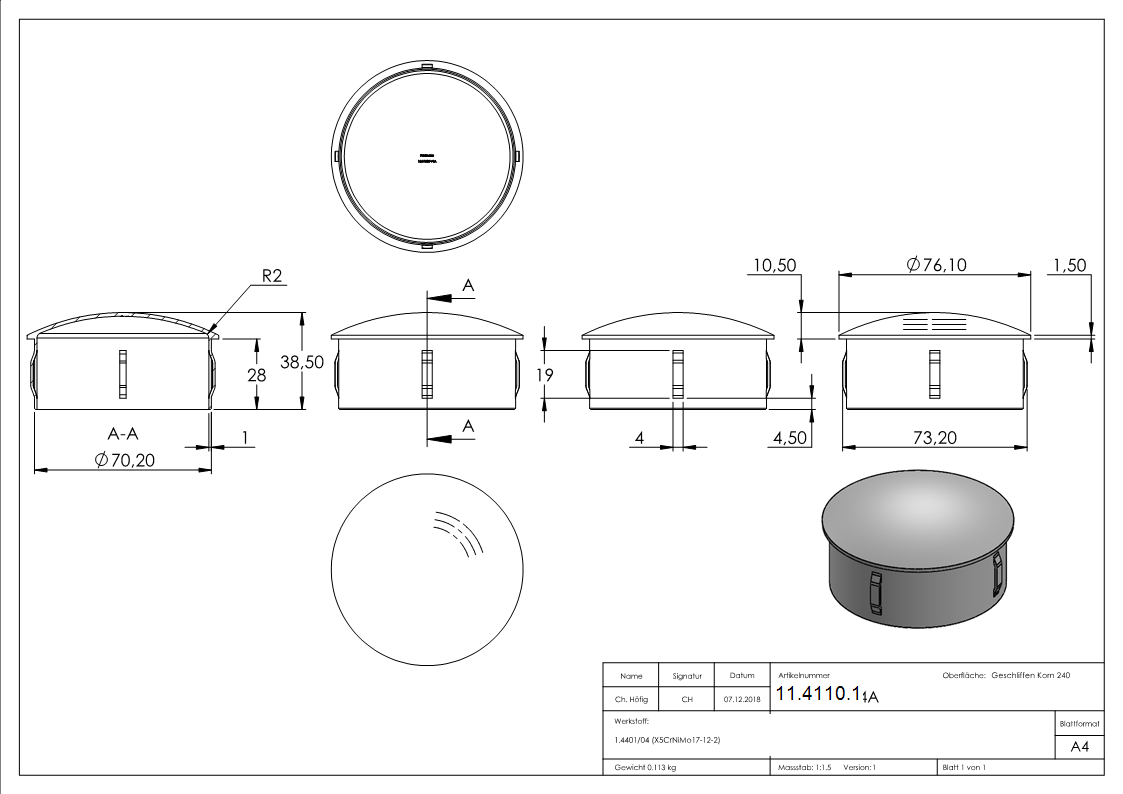 Einsteckkappe V4A Ø 76-1 mm fuer Rohr 2-0-2-5 mm Wandstaerke gewoelbt-11-4110.1