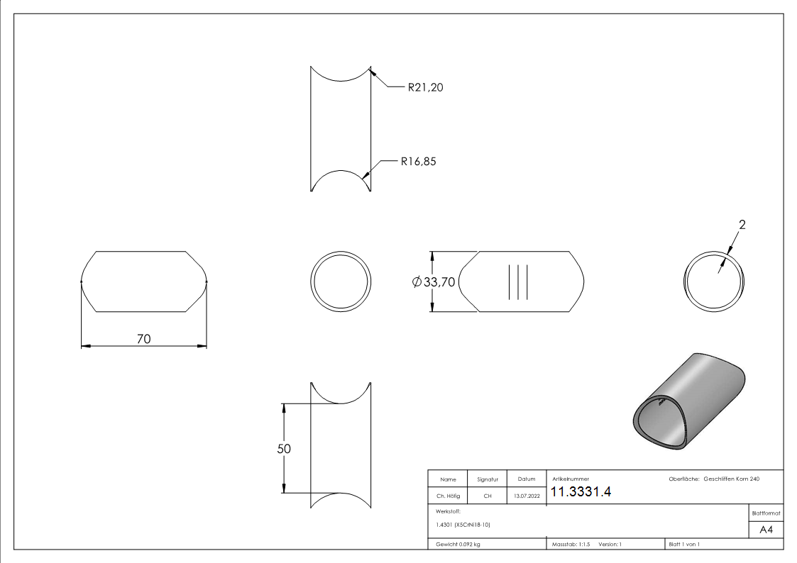 Rohrverbindungsstueck fuer Rundrohr Ø 33-7 mm V2A-11-3331.4