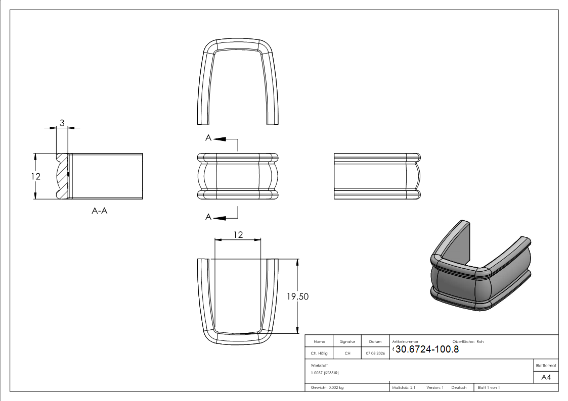 Bund - 100 Stueck - Material- 12x3 mm - Innenmass- 12x19-5 mm - Stahl -Roh- S235JR-30-6724-100.8