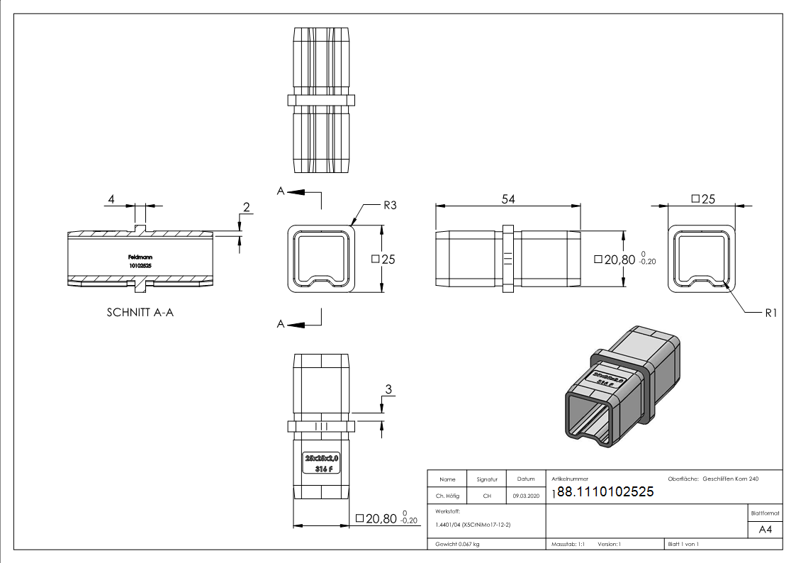 Steckverbinder V4A fuer Rohr 25x25x2 mm gerade-88.1110102525