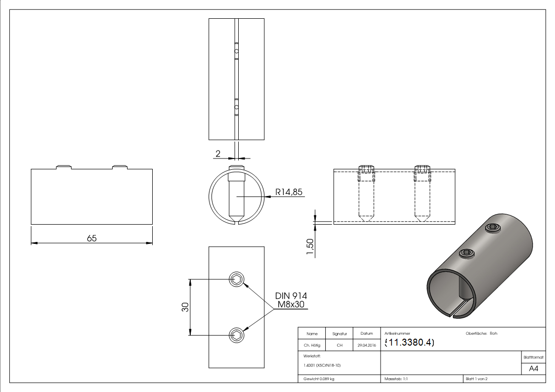 Manchon de raccordement pour tube rond Ø 33.7x2.0 mm V2A