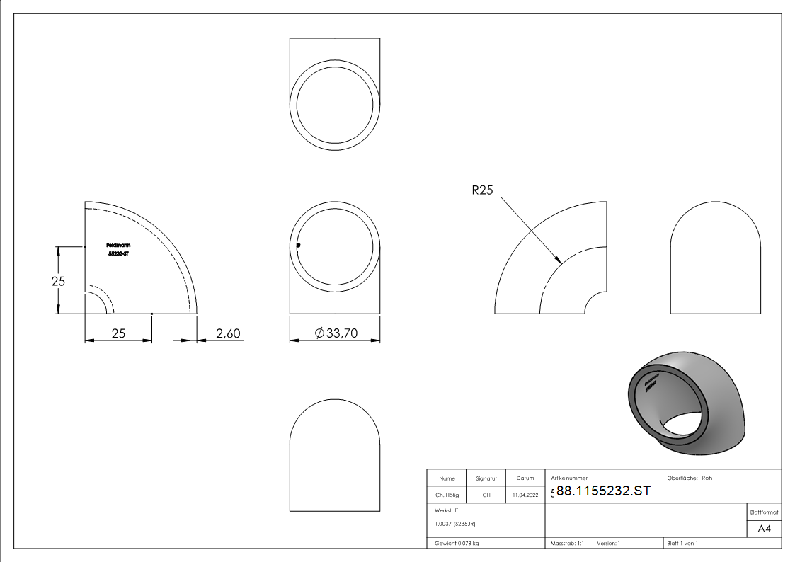 Rohrbogen 90° Stahl roh - 33-7 x 2-6 mm -1- - Bauart 2-88-1155232.ST