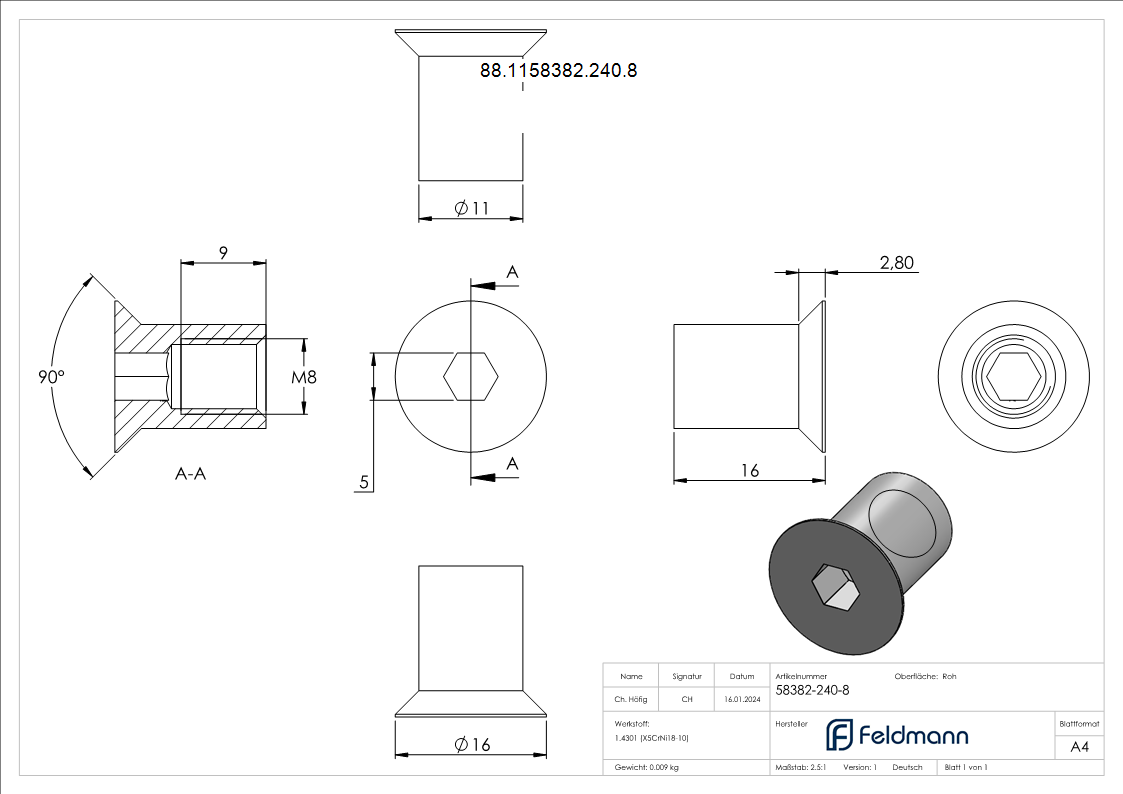 Huelsenmutter Edelstahl V2A M8x16 Senkkopf Innensechskant-88-1158382-240.8
