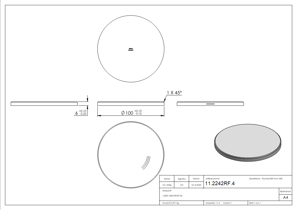 Ronde - Masse- Ø 100x6 mm - mit Rundschliff - Fase - V2A-11-2242RF.4