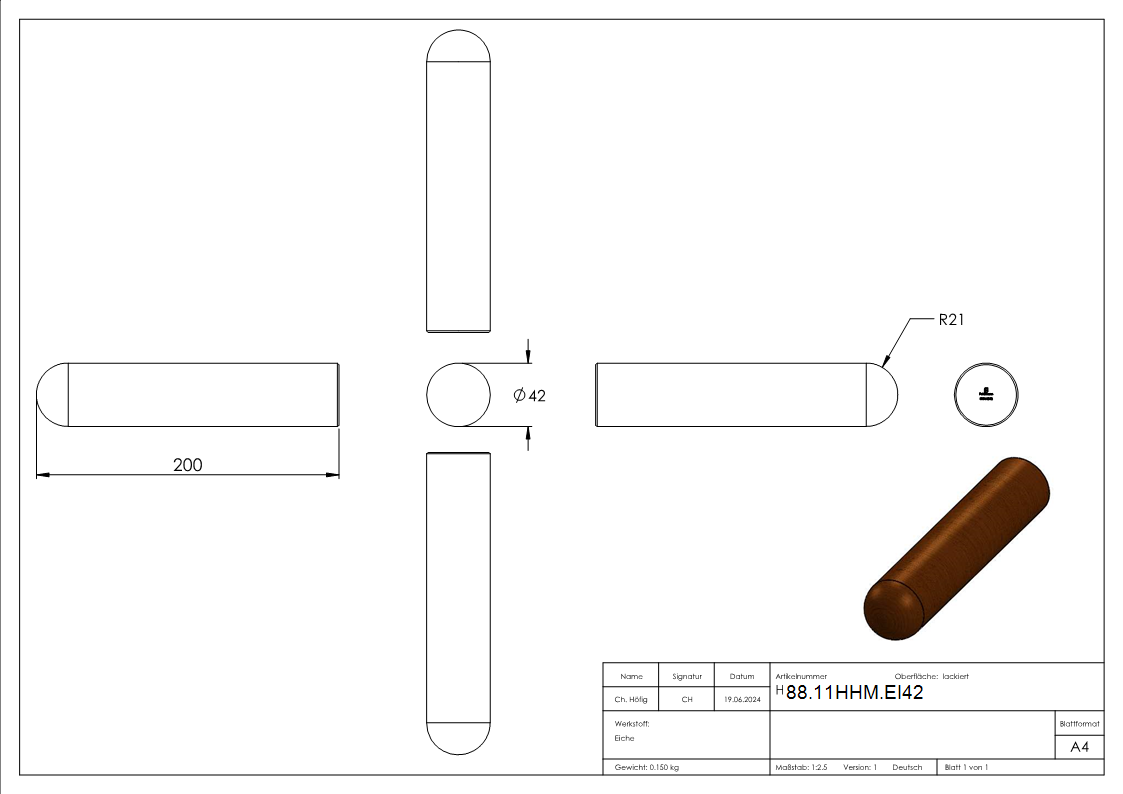 Holzhandlauf Eiche Ø 42 mm- L = 200 mm- lackiert-88-11HHM.EI42