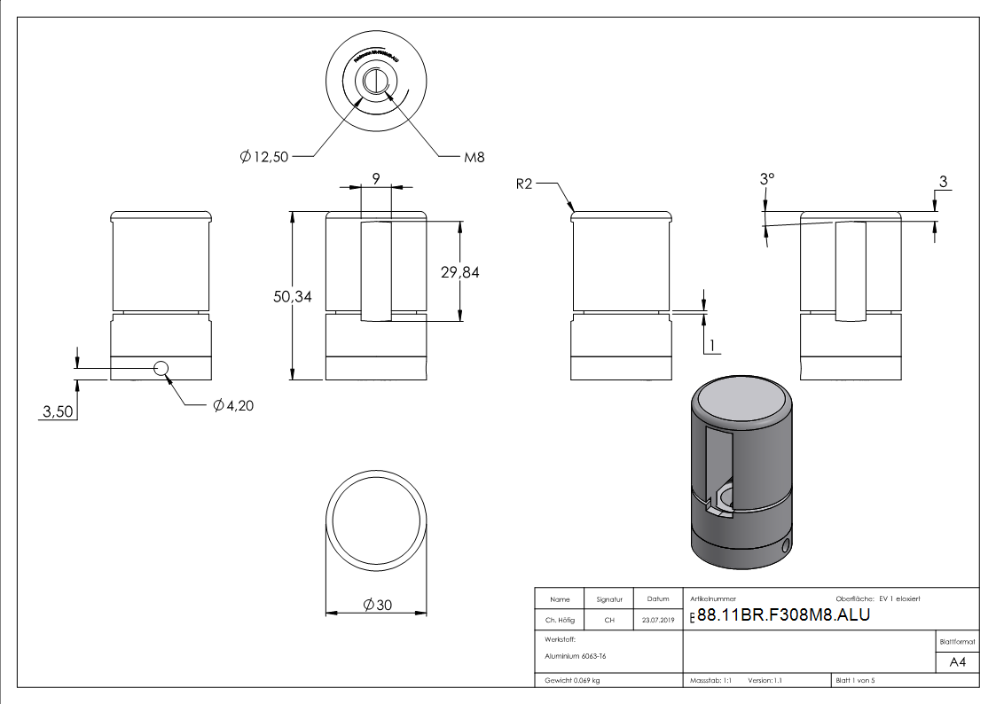 Support de base Brenk pour barres plates 30 x 8mm, ALU