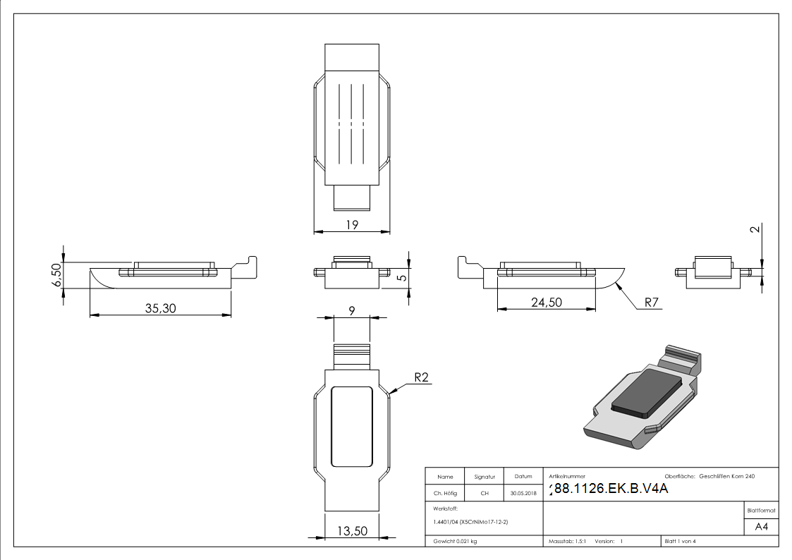 Sicherungsboden Edelstahl V4A fuer Sichtschutz Endklemme Mod- 26-88-1126-EK-B.V4A