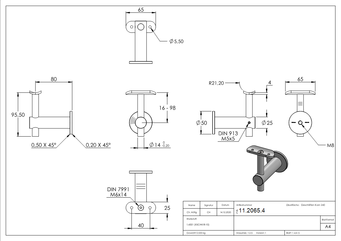Handlaufhalter mit Halteplatte fuer Ø 42-4 mm V2A-11-2065.4