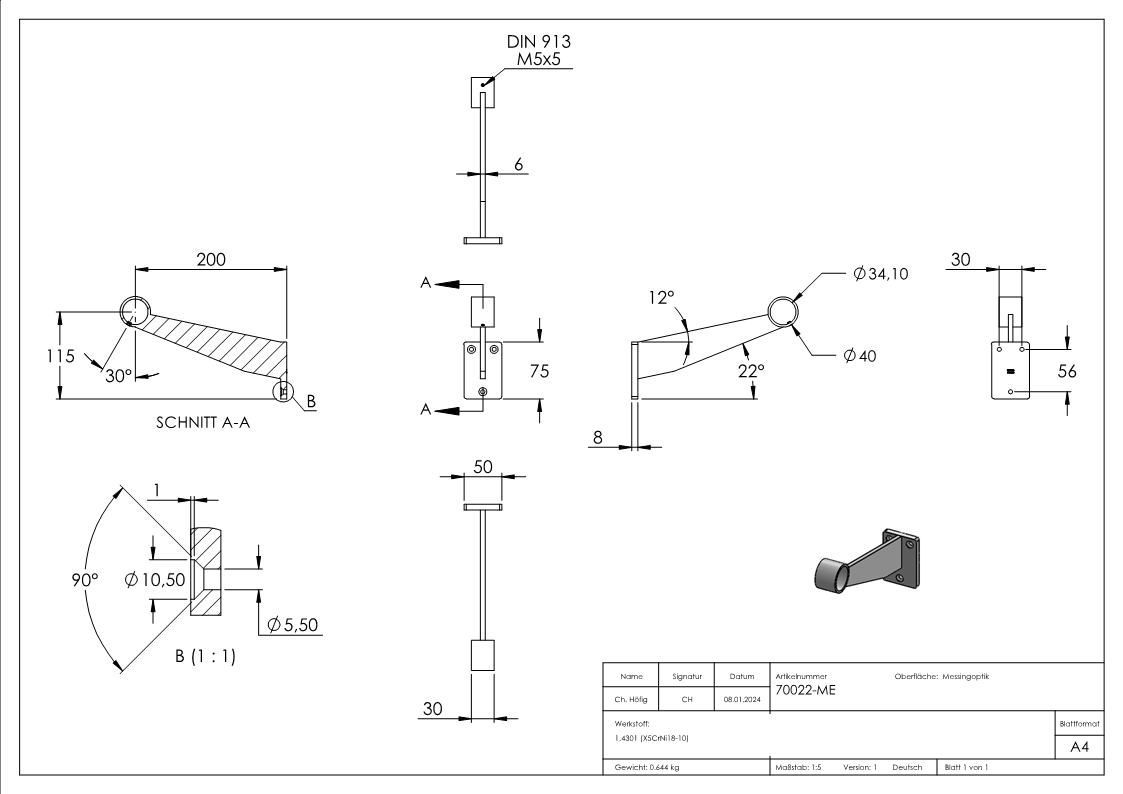 Support de rampe / main courante pour tube 33,7mm, laiton