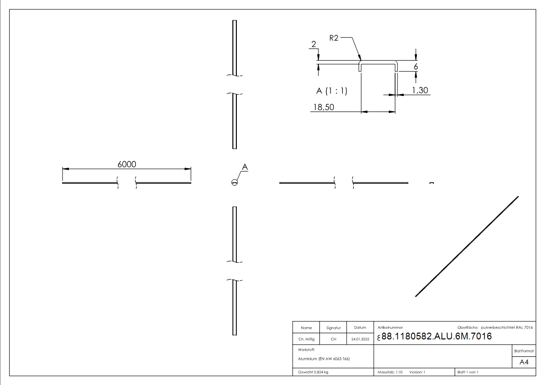 Kantenschutz EXTRA SLIM- fuer Glas 16-00 - 17-52mm- L=6m- Aluminium RAL 7016-88-1180582-ALU-6M.7016