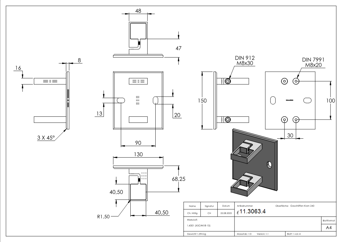 Fixation murale pour tube 40x40 mm V2A
