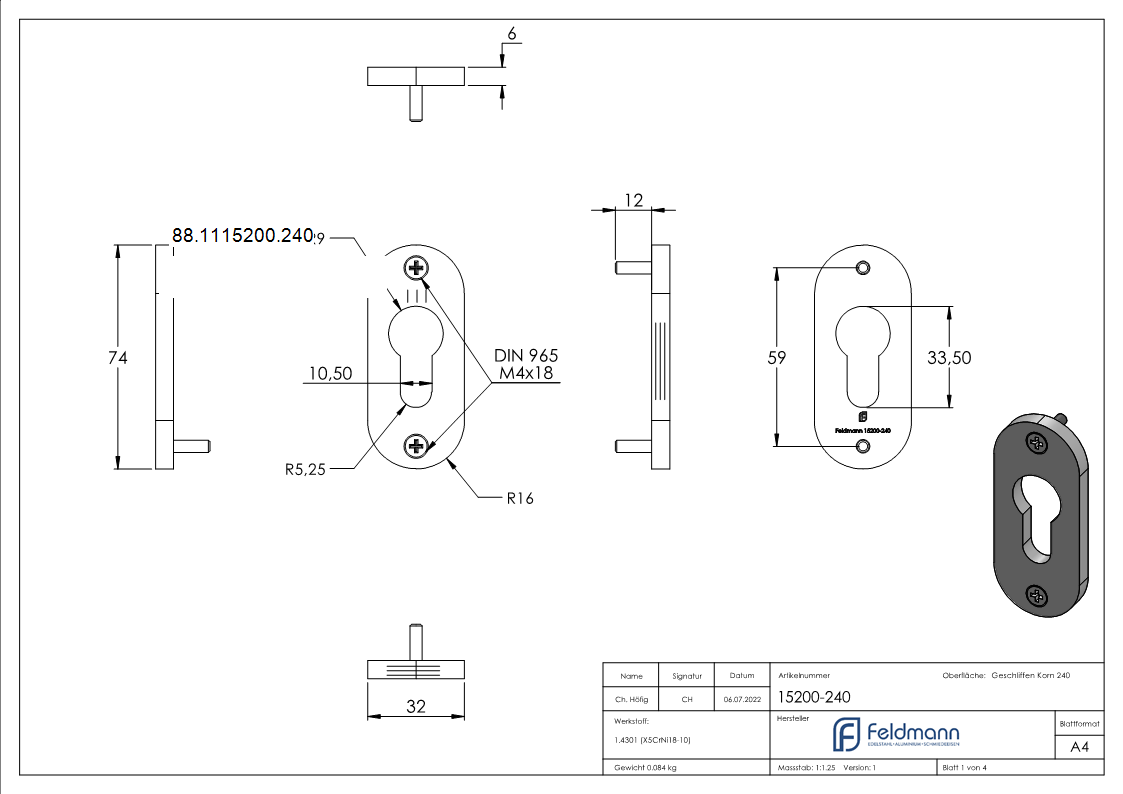 Zylinderrosette- gerundet- 32 x 74 x 6mm- V2A-88-1115200.240