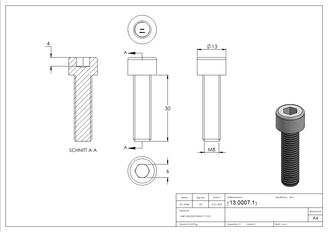 Vis à tête cylindrique M8x30 mm V4A à six pans creux