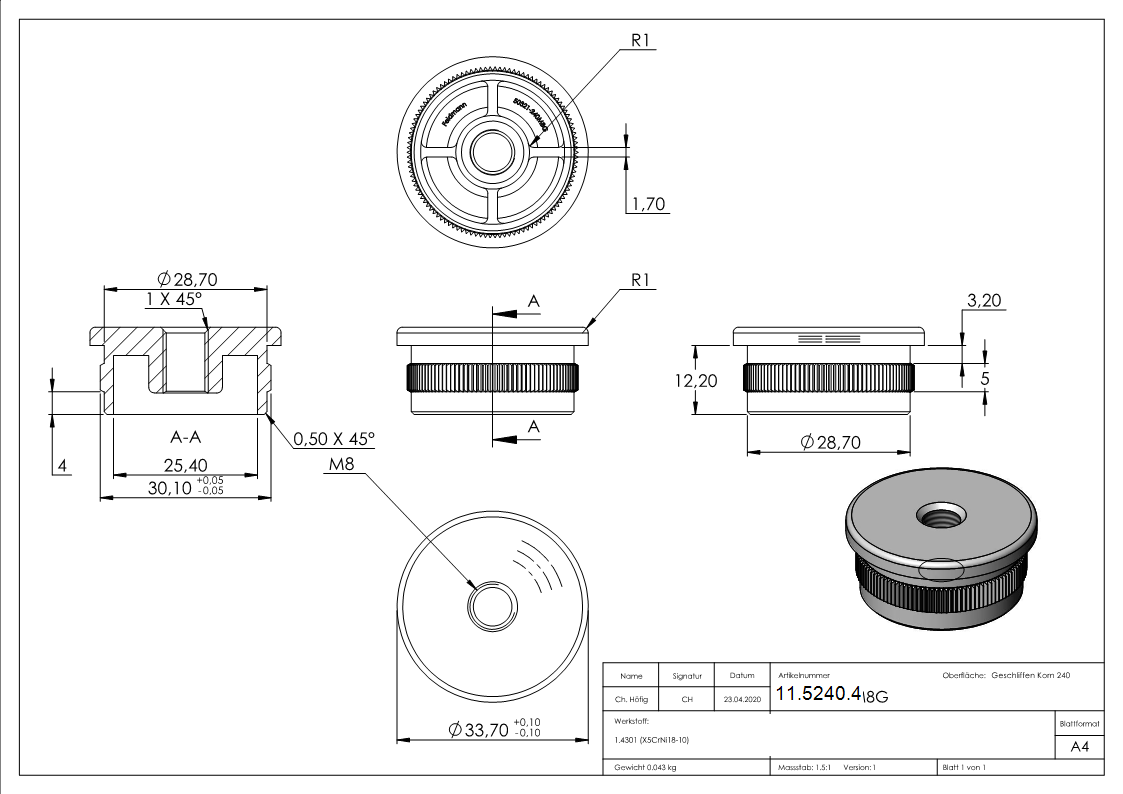 Einsteckkappe Edelstahl V2A fuer Rohr Ø 33-7 mm- 2-0 mm WS- M8 Gewinde- flach-11-5240.4