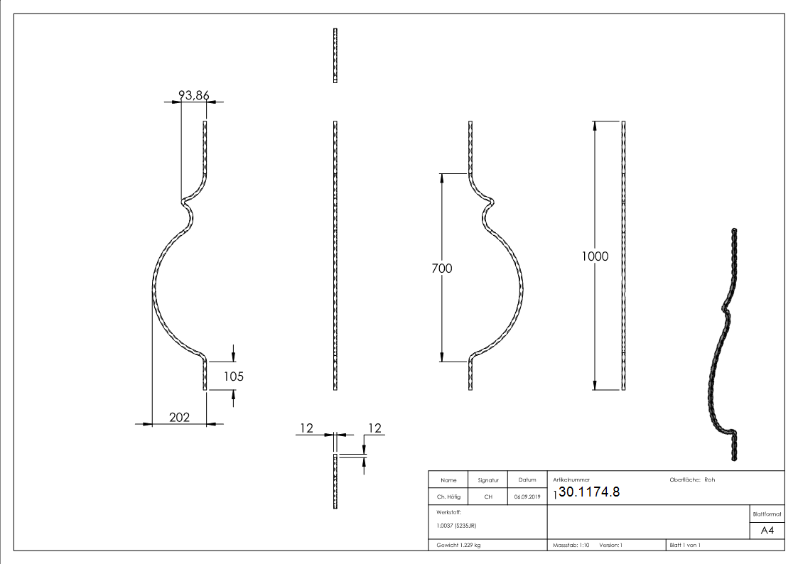Bauchstab - Laenge- 1000 mm - Material- 12x12 mm - Stahl S235JR- roh-30-1174.8