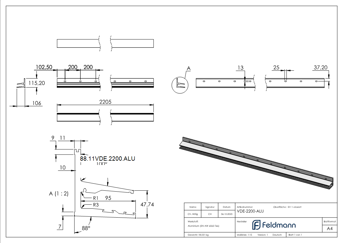 Vordachprofil Aluminium eloxiert E4-EV1 L 2205 mm mit ETA Typenstatik-88-11VDE-2200.ALU