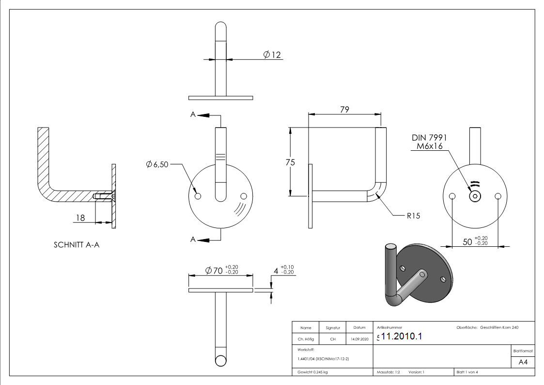 Handlaufhalter V4A Ronde Ø70x4 mm Buegel Ø12 mm WA 79 mm zum Anschweissen- verschraubt-11-2010.1
