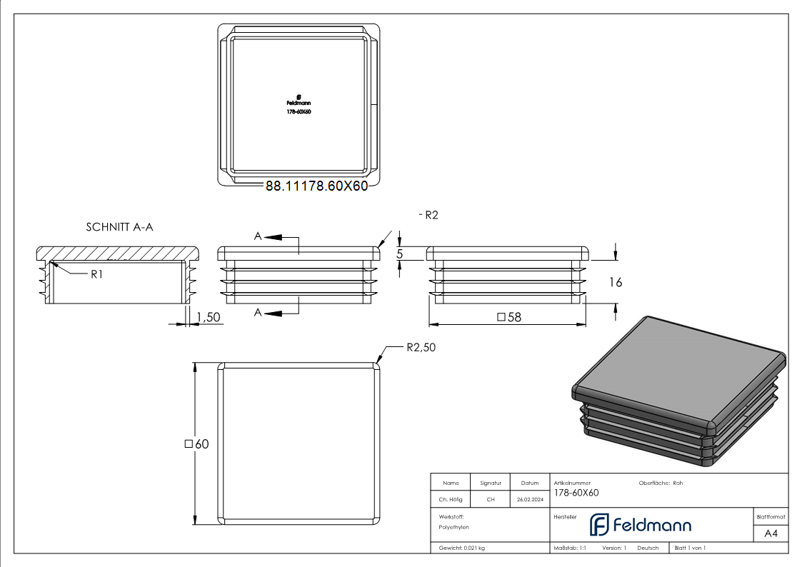 Kunststoffkappe fuer Quadratrohr 60x60mm-88-11178.60X60